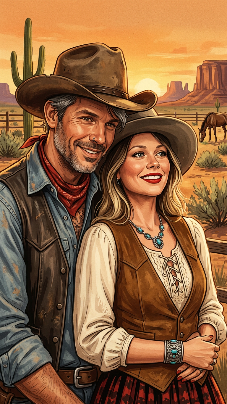 Ilustração de um casal texano, donos da Texas Batataria Co.