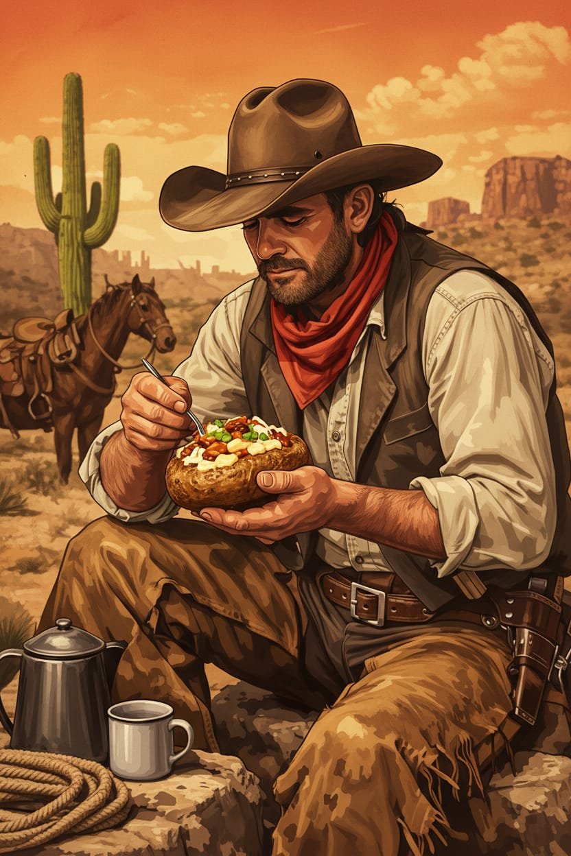 Ilustração de um cowboy saboreando uma batata recheada Texas Batataria no meio do deserto